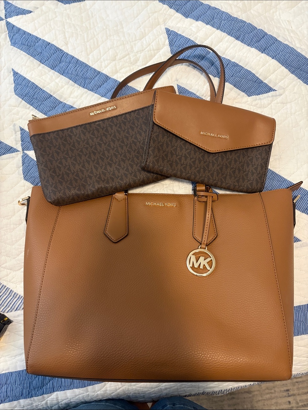 Michael Kors Outlet Brown and Dark Brown Leather Tote with Matching Pouches Set